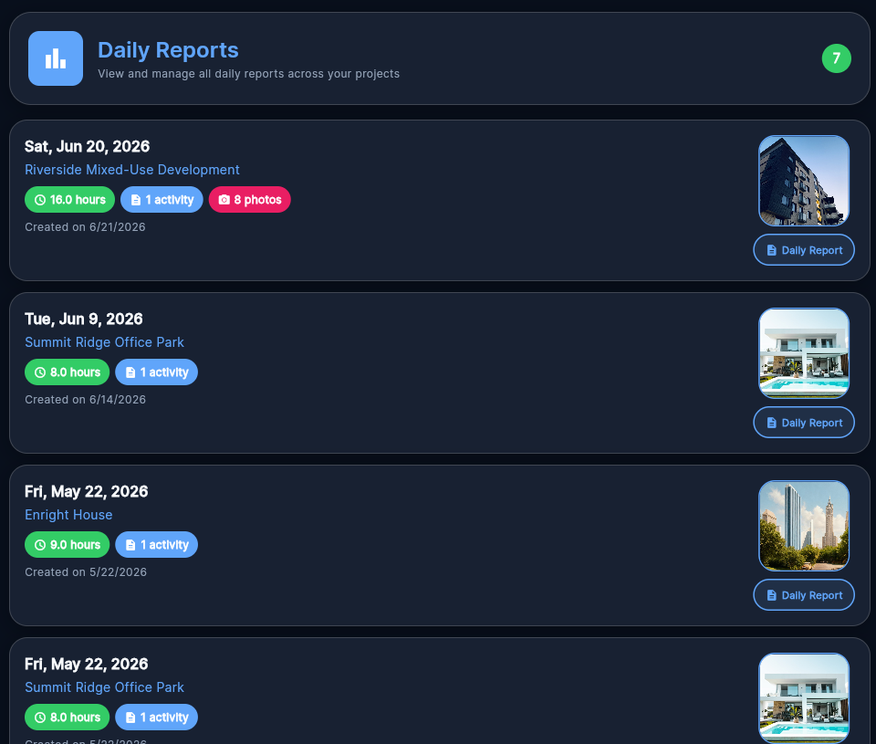 DailyReportr+ report history in the desktop browser app